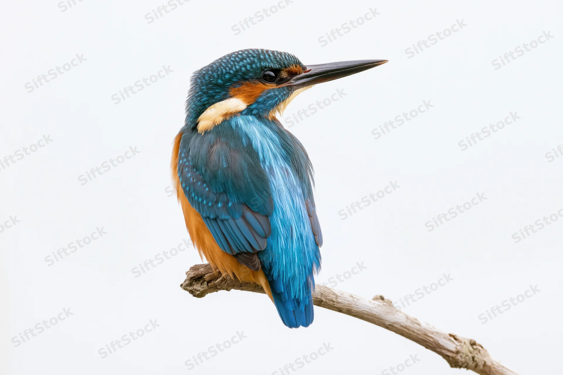 Kingfisher perched upright on a weathered branch against a white background