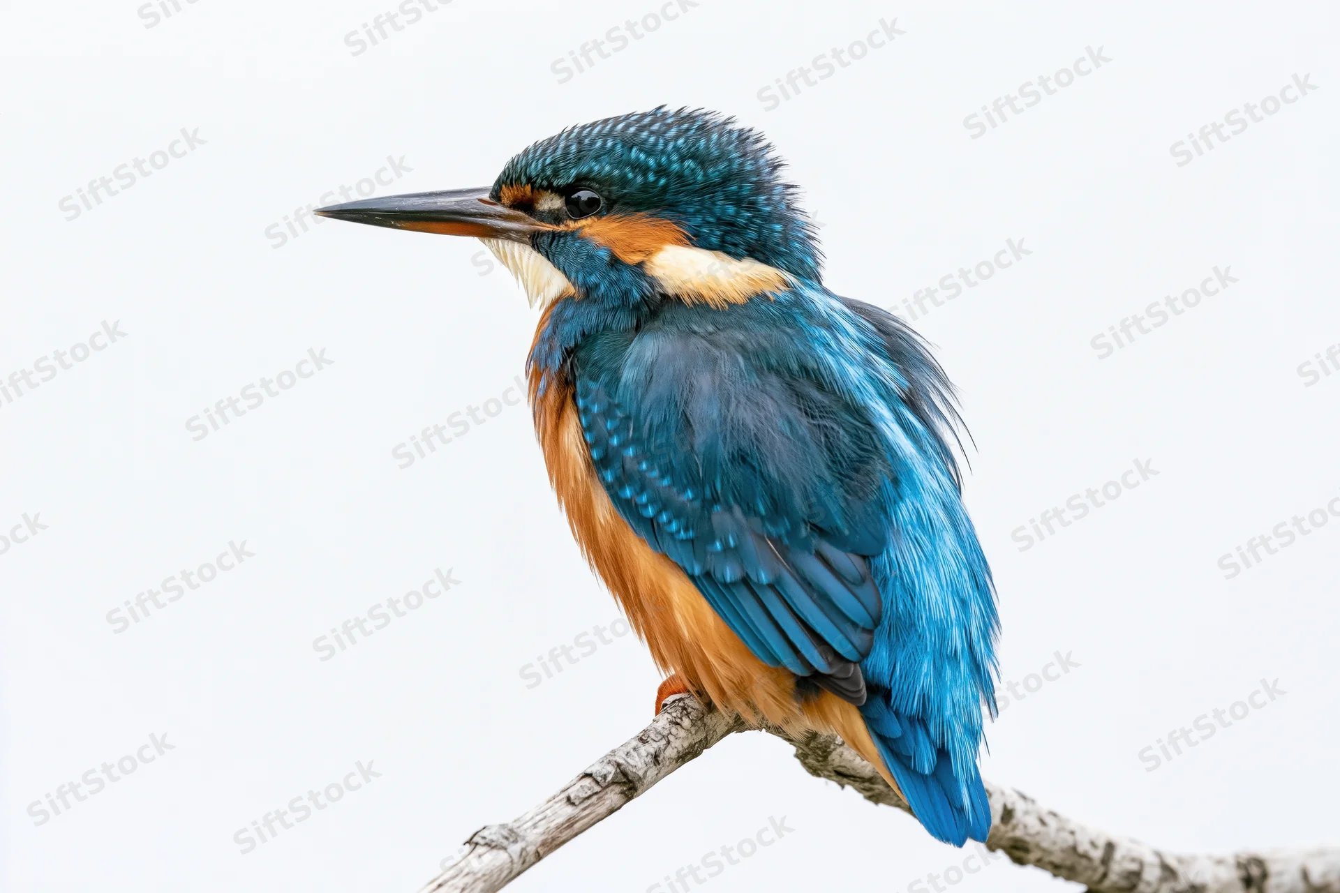 Kingfisher perched upright on a bare weathered branch
