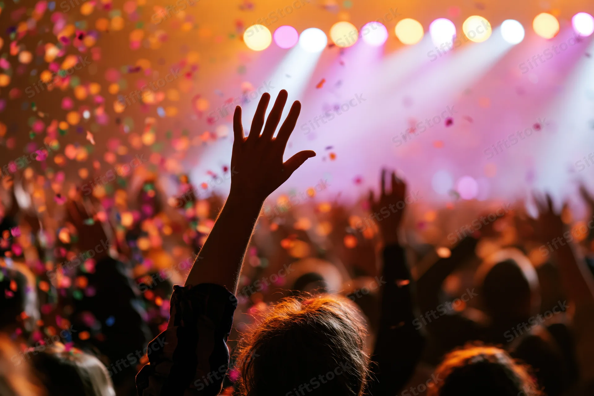 Crowd at concert with arms raised toward stage under colorful lights and falling confetti