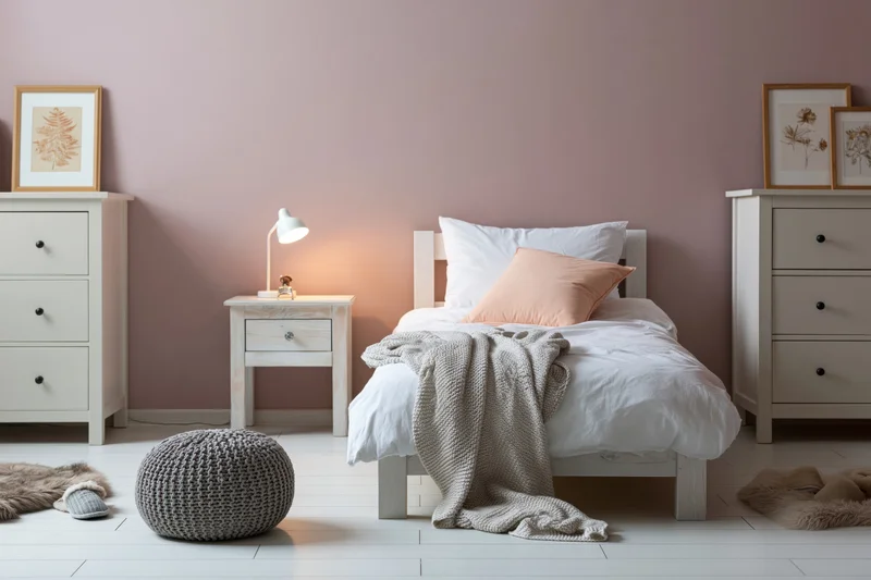 Cozy single bedroom with white bed, nightstand and lamp against pink wall
