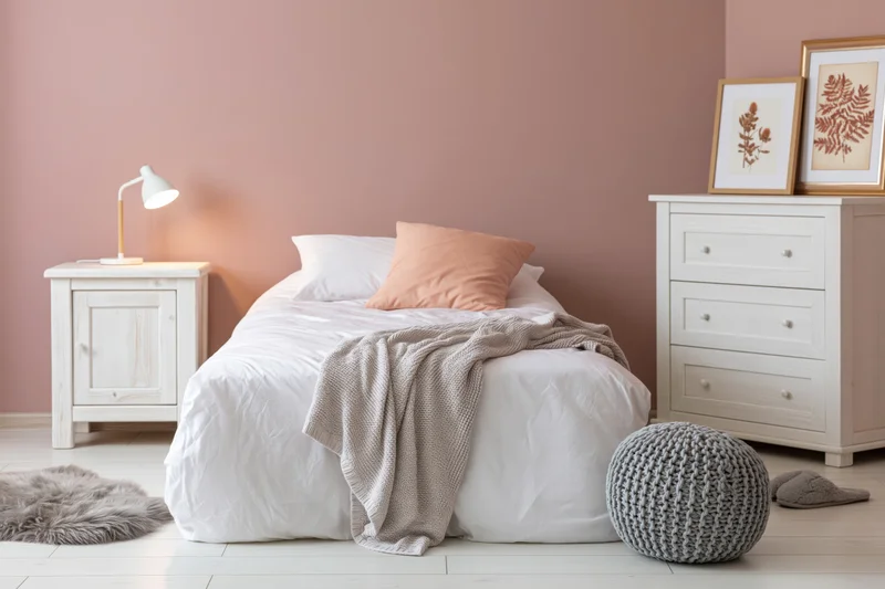 Cozy single bedroom with white bed, nightstand and dresser against pink wall