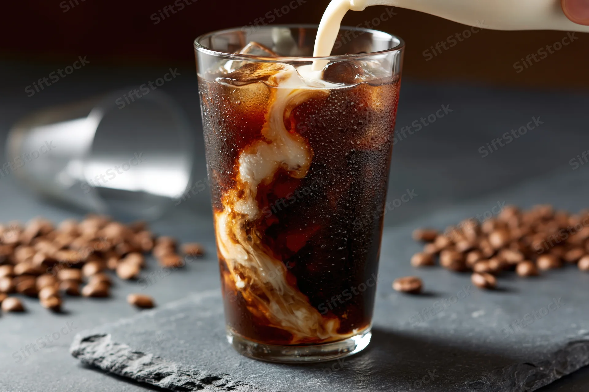 Cream being poured into a tall glass of iced coffee swirling on a slate surface with coffee beans scattered around