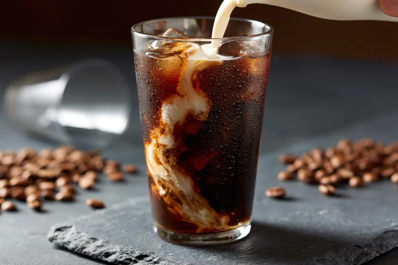 Cream being poured into a tall glass of iced coffee swirling on a slate surface with coffee beans scattered around