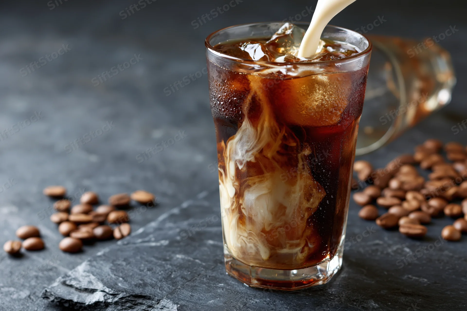 Cream being poured into a tall glass of iced coffee swirling on a dark slate surface with coffee beans scattered around