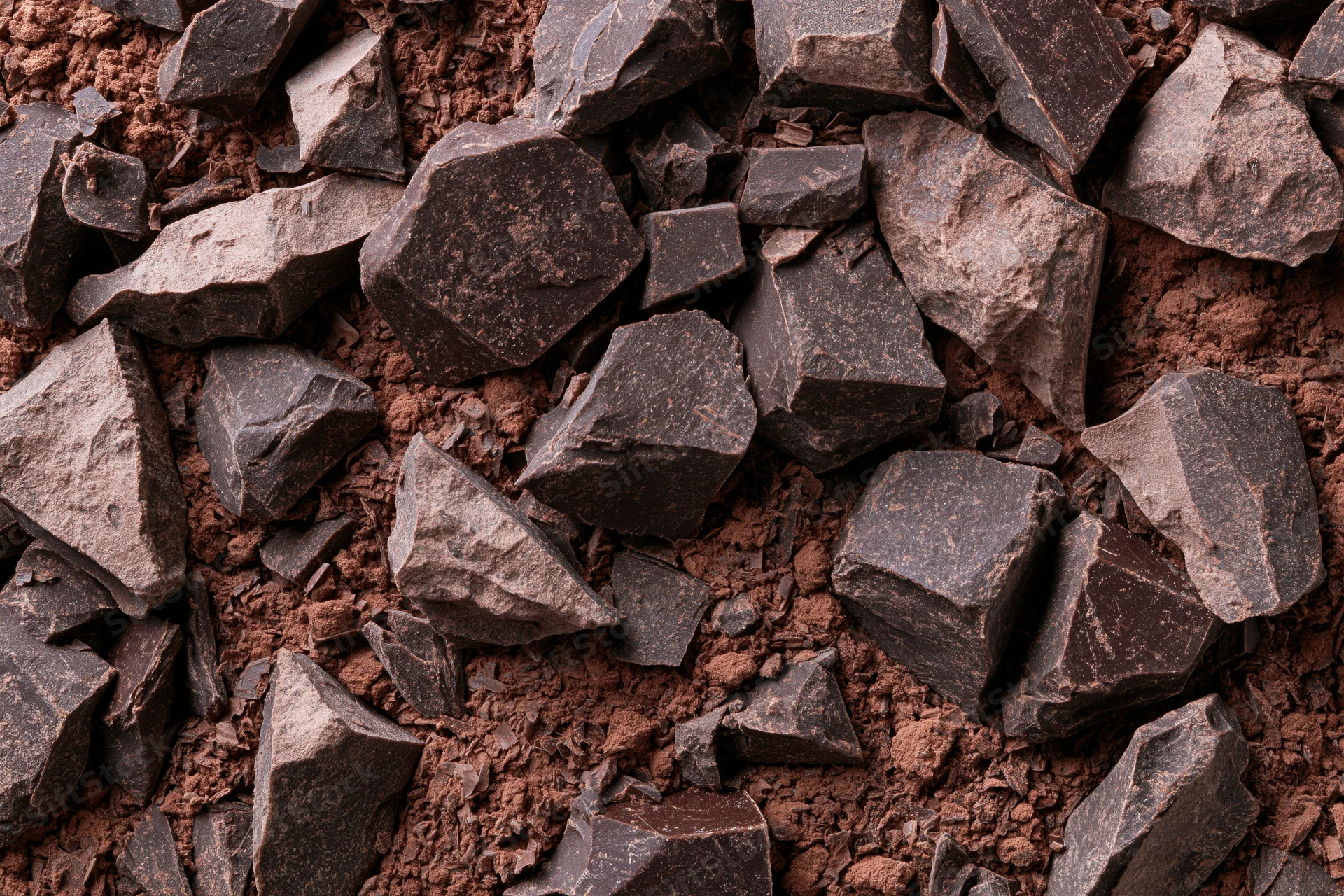 Crushed dark chocolate pieces and fine cocoa shavings spread on a surface