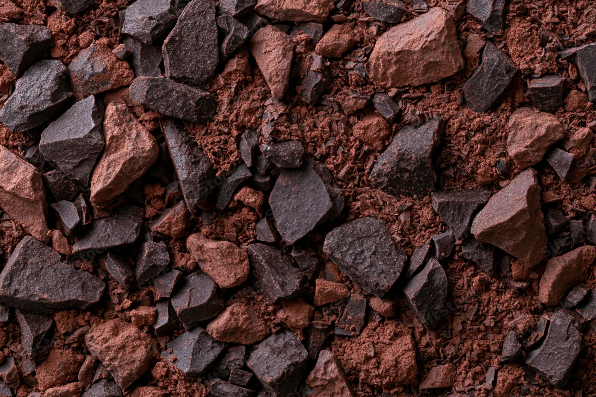 Crushed dark chocolate pieces and fine cocoa shavings spread across a textured surface