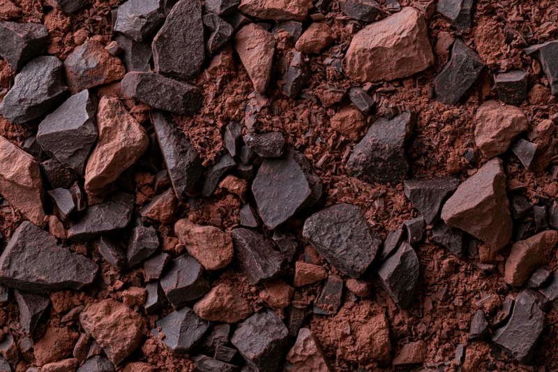Crushed dark chocolate pieces and fine cocoa shavings spread across a textured surface
