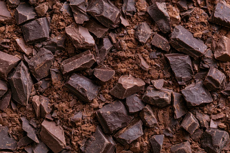 Crushed dark chocolate pieces and fine cocoa shavings spread across a surface in closeup view