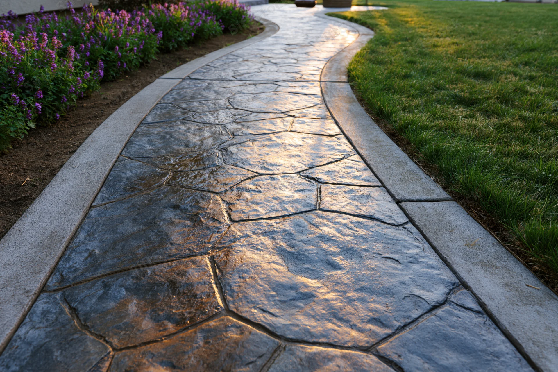 Curved stamped concrete pathway with cobblestone pattern winding through a garden bordered by grass and purple flowers