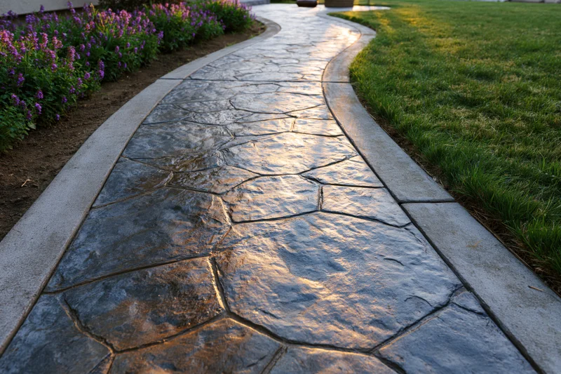 Curved stamped concrete pathway with cobblestone pattern winding through a garden bordered by grass and purple flowers