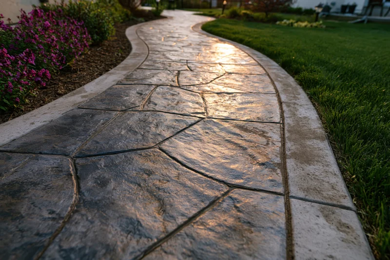 Curved stamped concrete pathway with cobblestone pattern winding through a garden with grass and purple flowers at evening