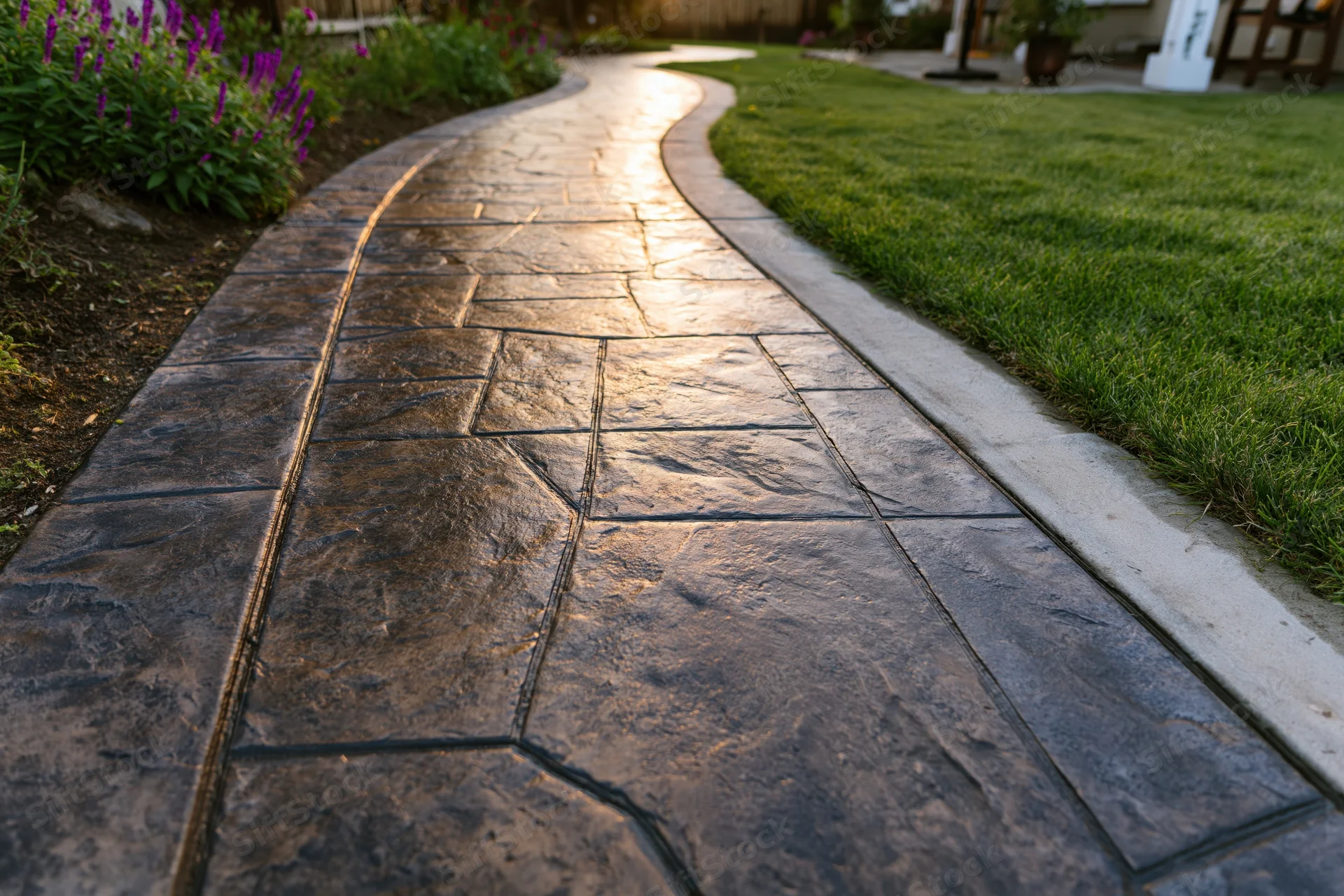 Curved stamped concrete pathway with cobblestone pattern in a garden setting