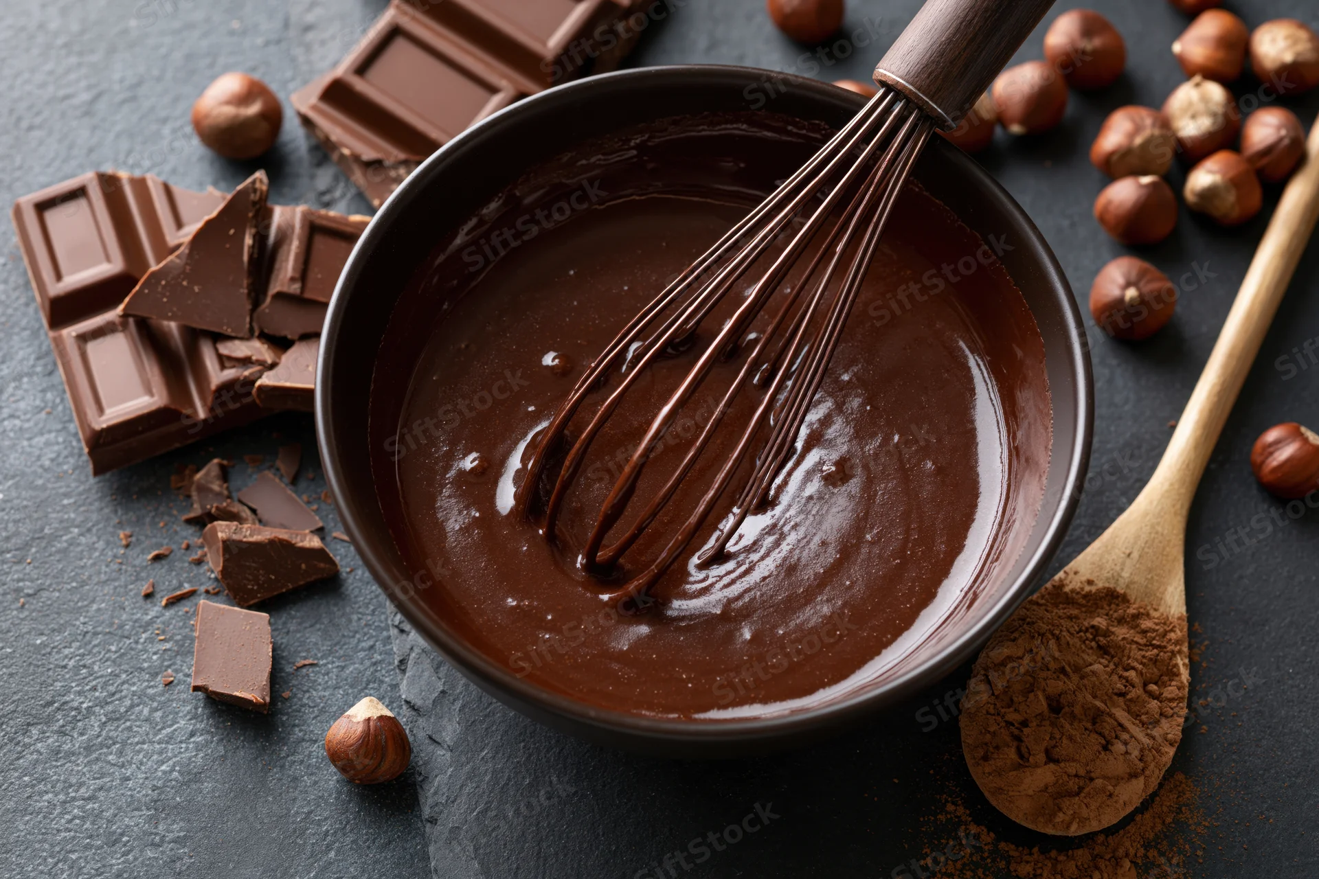 Melted chocolate in a dark bowl being stirred with a whisk, surrounded by chocolate bars, hazelnuts, and cocoa powder on a dark surface