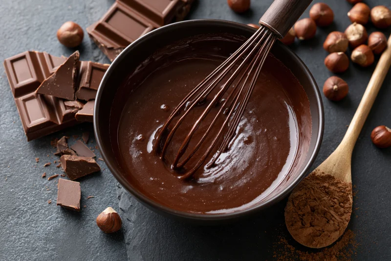Melted chocolate in a dark bowl being stirred with a whisk, surrounded by chocolate bars, hazelnuts, and cocoa powder on a dark surface