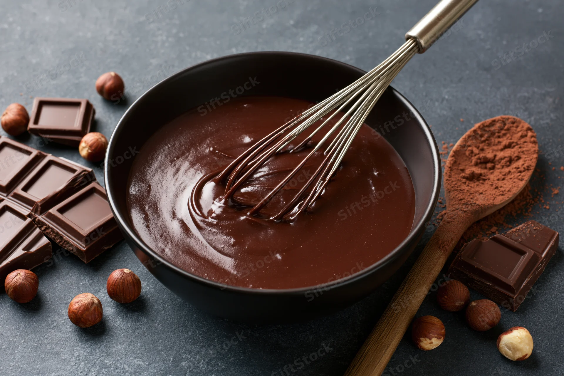 Melted chocolate in a dark bowl being stirred with a whisk, surrounded by chocolate bars and hazelnuts on a dark surface