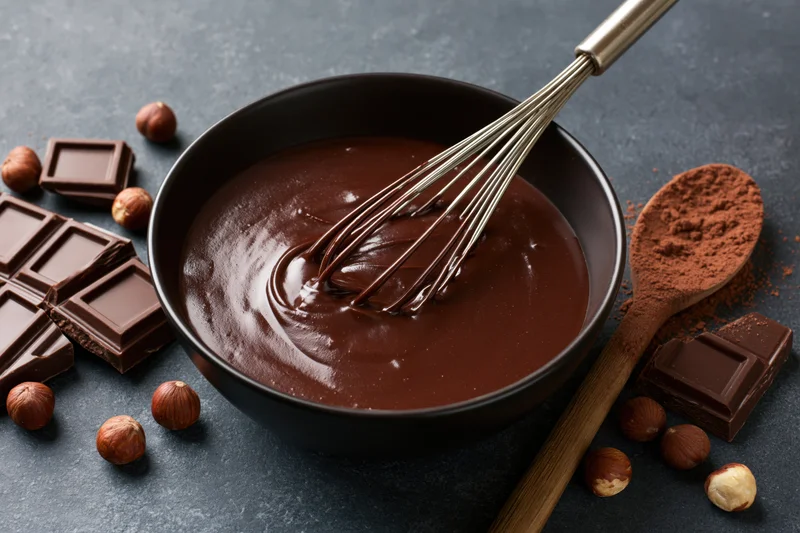 Melted chocolate in a dark bowl being stirred with a whisk, surrounded by chocolate bars and hazelnuts on a dark surface
