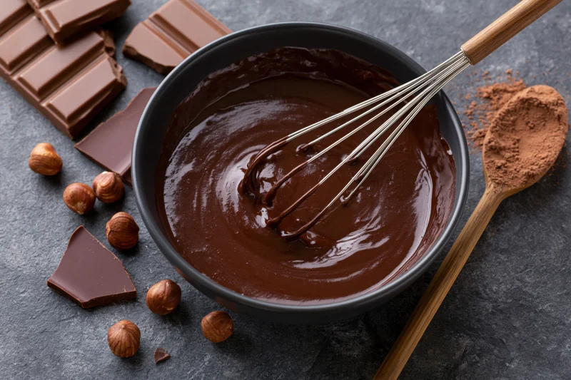 Melted chocolate being stirred in a dark bowl with a whisk, surrounded by chocolate bars, hazelnuts, and cocoa powder on a slate surface
