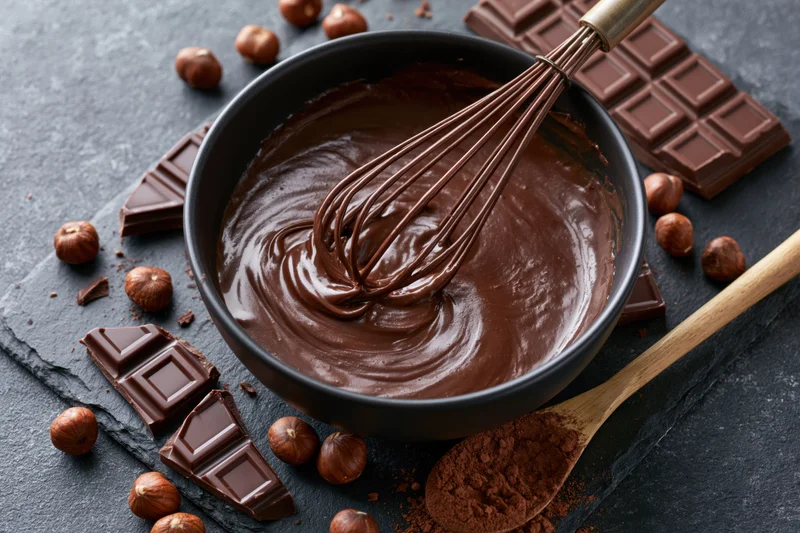 Melted chocolate being stirred in a dark bowl with a whisk, surrounded by chocolate bars, hazelnuts, and cocoa powder on a slate surface