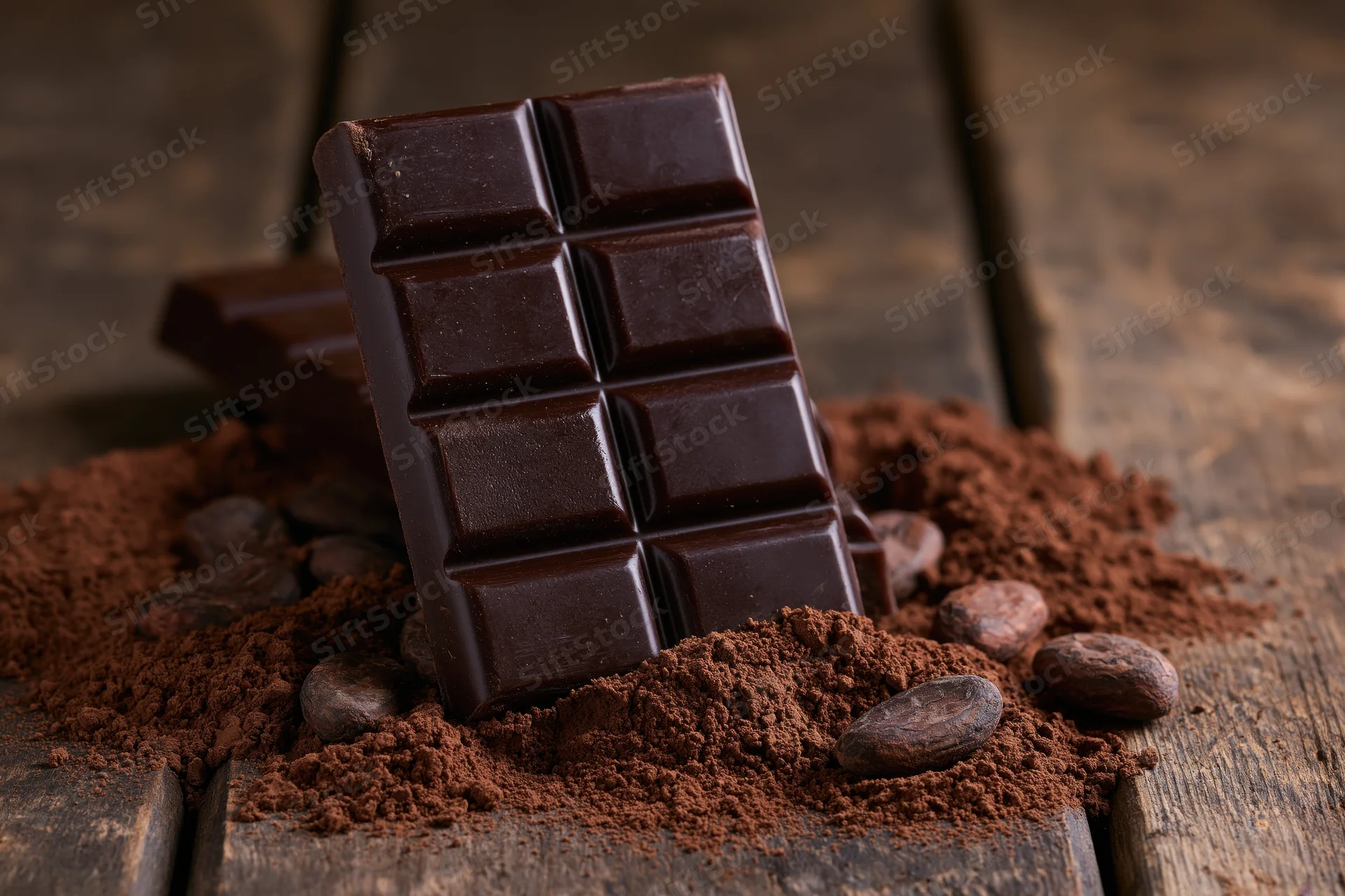 Dark chocolate bar standing upright on wooden surface surrounded by cocoa powder and beans