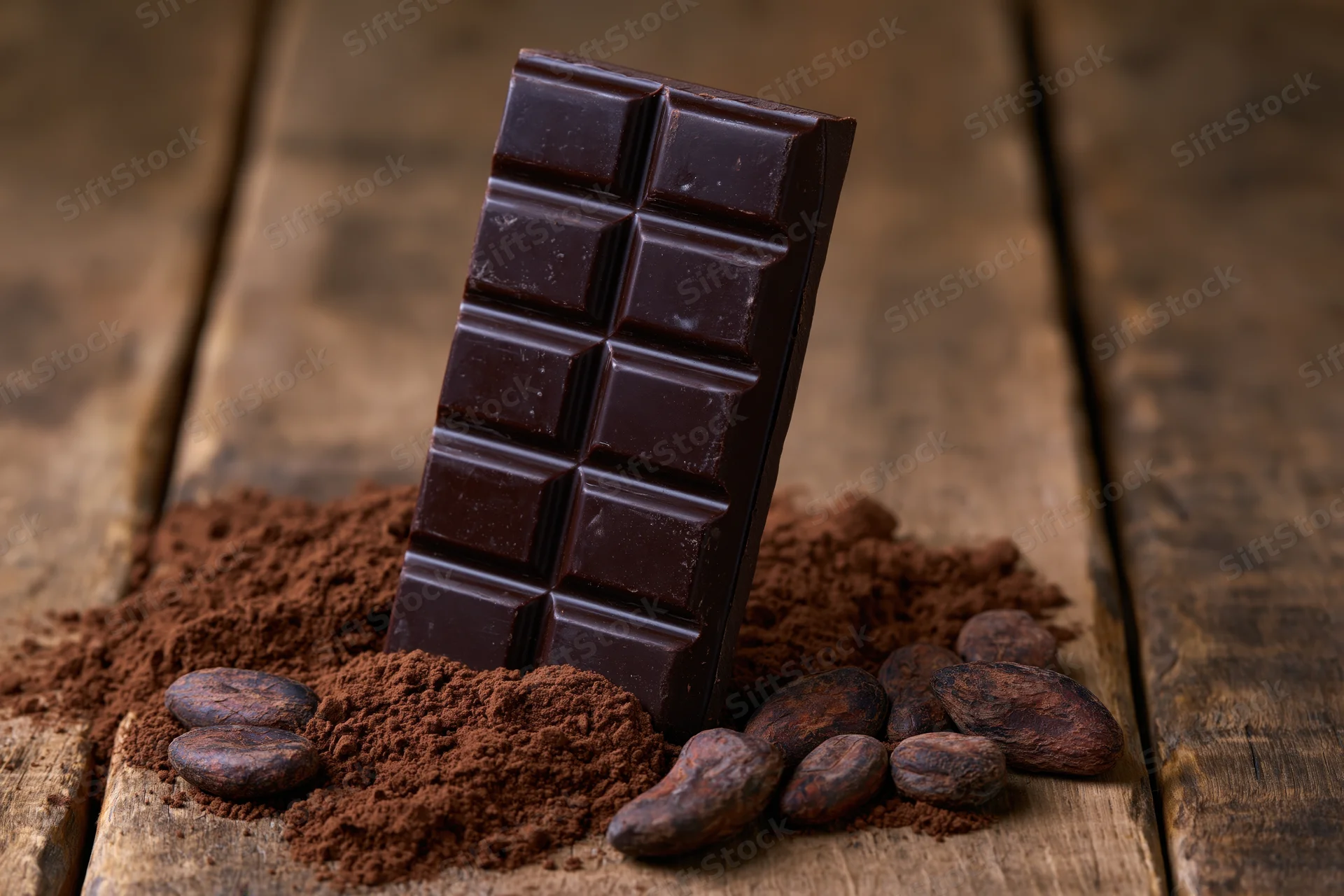 Dark chocolate bar standing upright on wooden surface surrounded by cocoa beans and cocoa powder