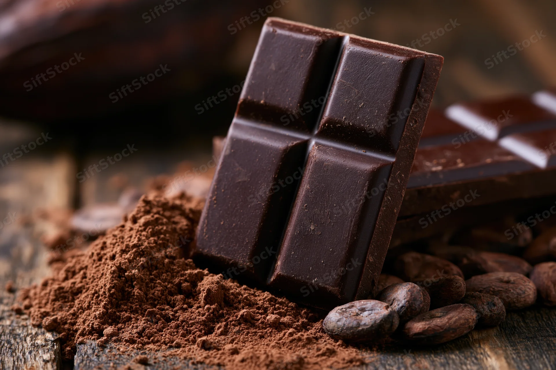 Dark chocolate bar standing upright on cocoa powder and beans on wooden surface