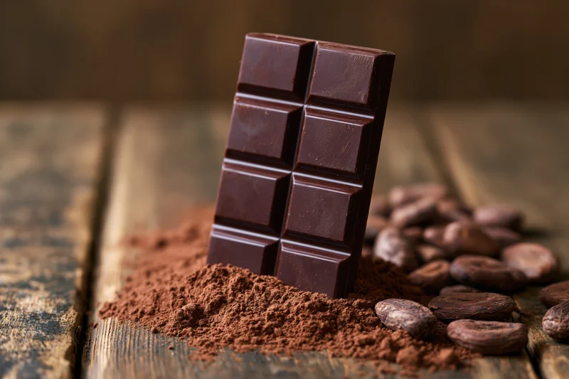 Dark chocolate bar standing upright on wooden surface surrounded by cocoa beans and cocoa powder