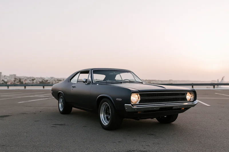 Dark grey classic american muscle car parked on empty asphalt lot at twilight with city skyline in background