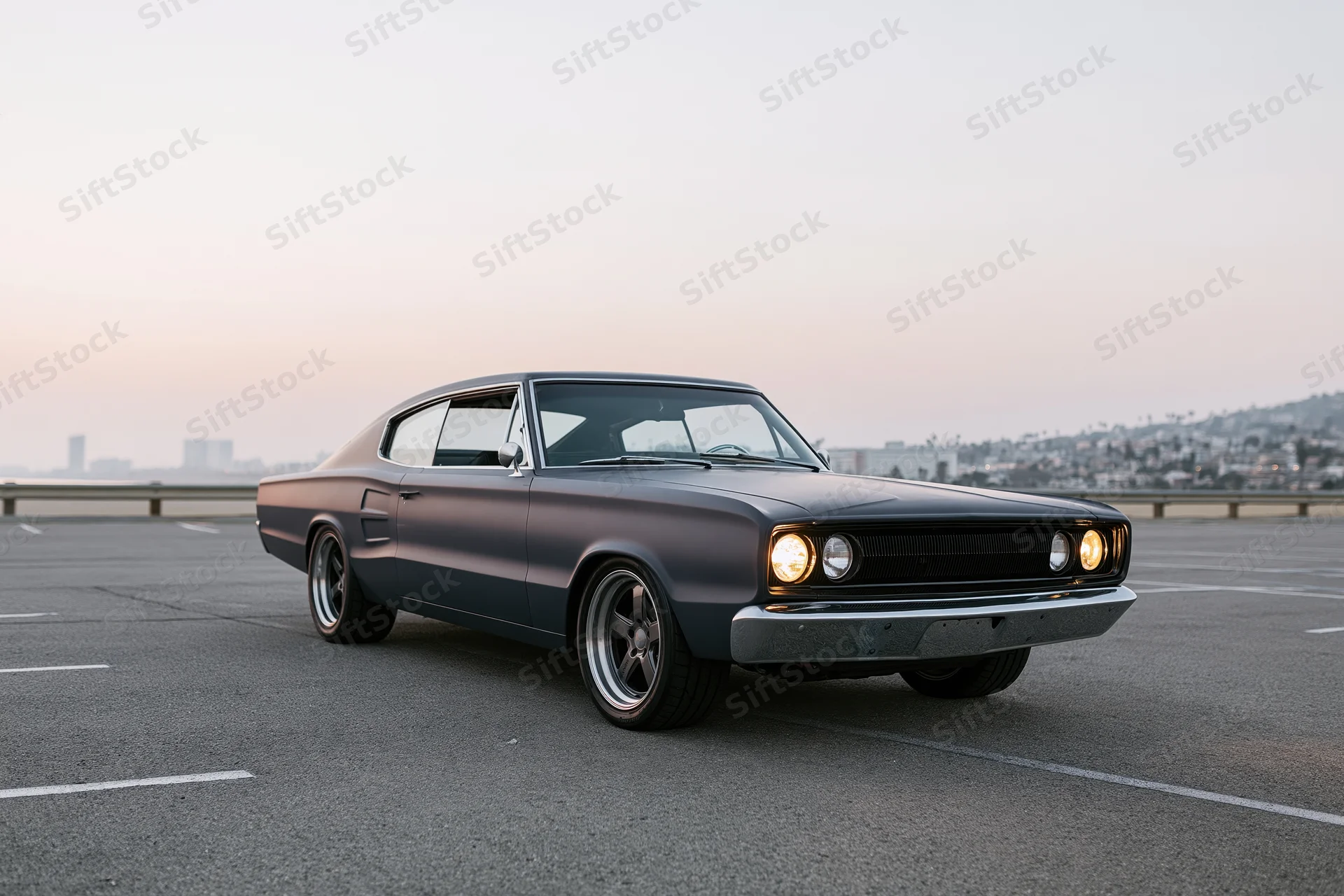 Dark grey classic american muscle car parked on empty asphalt lot at dusk with city skyline in background