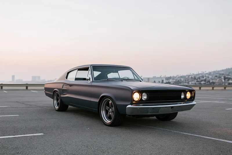 Dark grey classic american muscle car parked on empty asphalt lot at dusk with city skyline in background