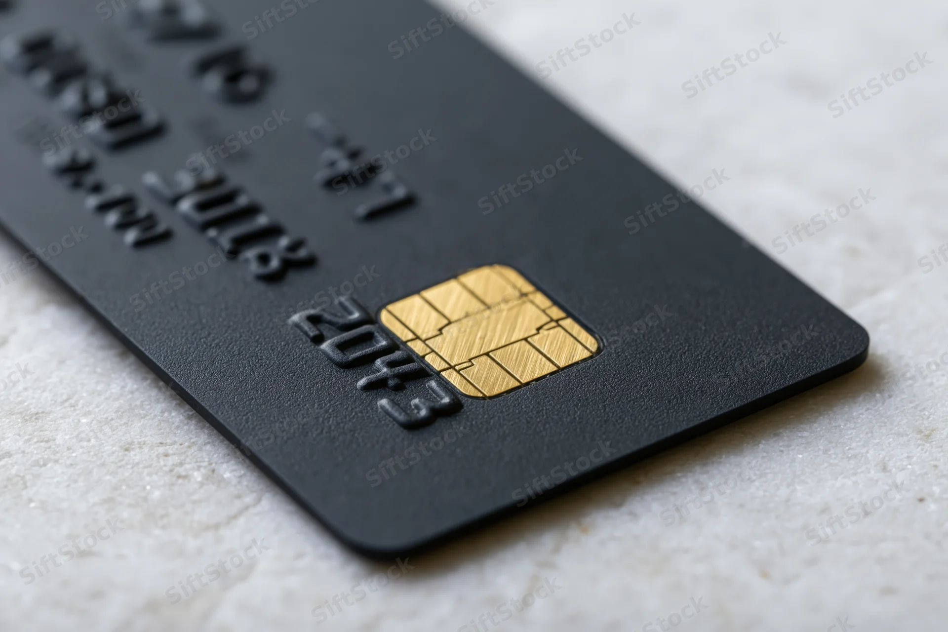 Black matte credit card with gold chip resting on light stone surface