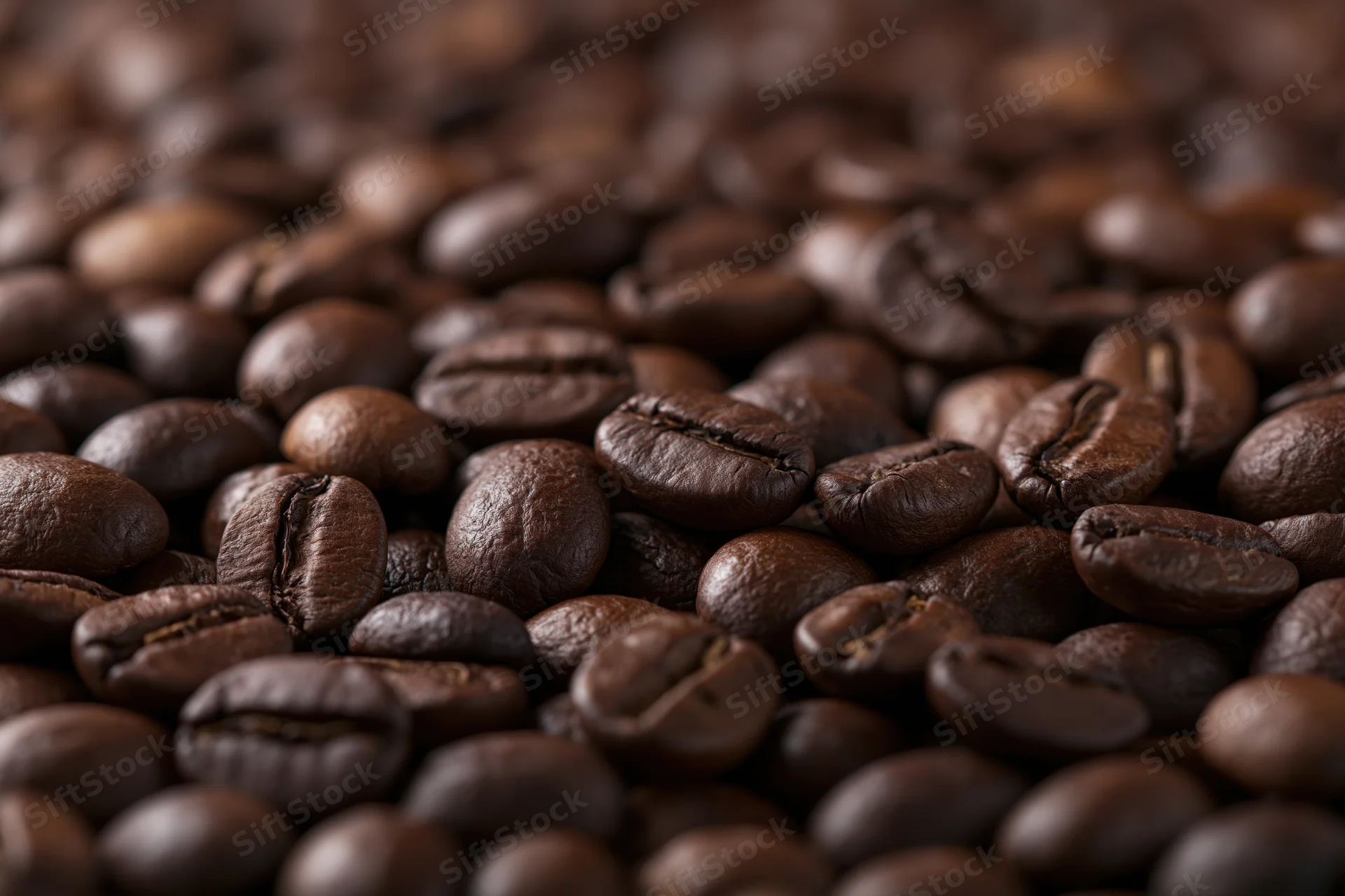 Dark roasted coffee beans in closeup filling the frame