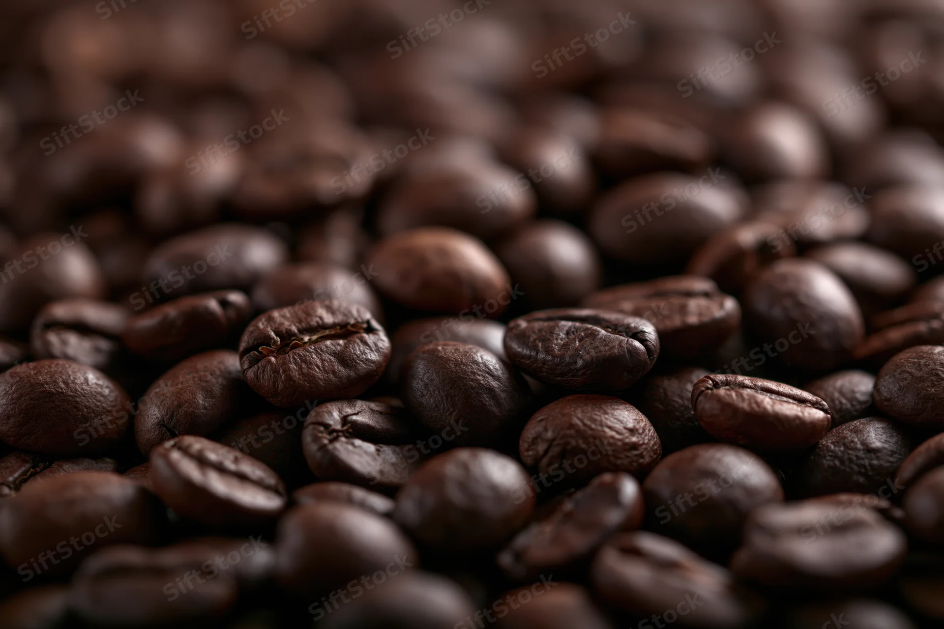 Dark roasted coffee beans in closeup filling the frame