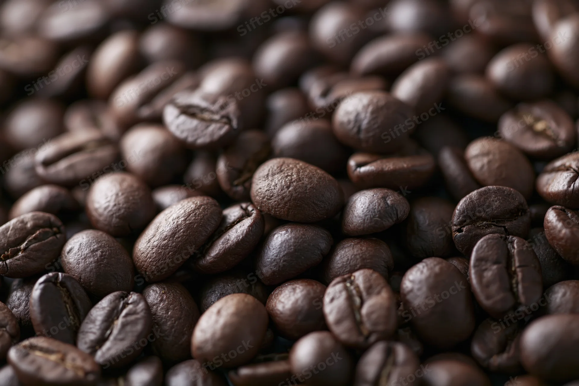 Dark roasted coffee beans in closeup filling the frame