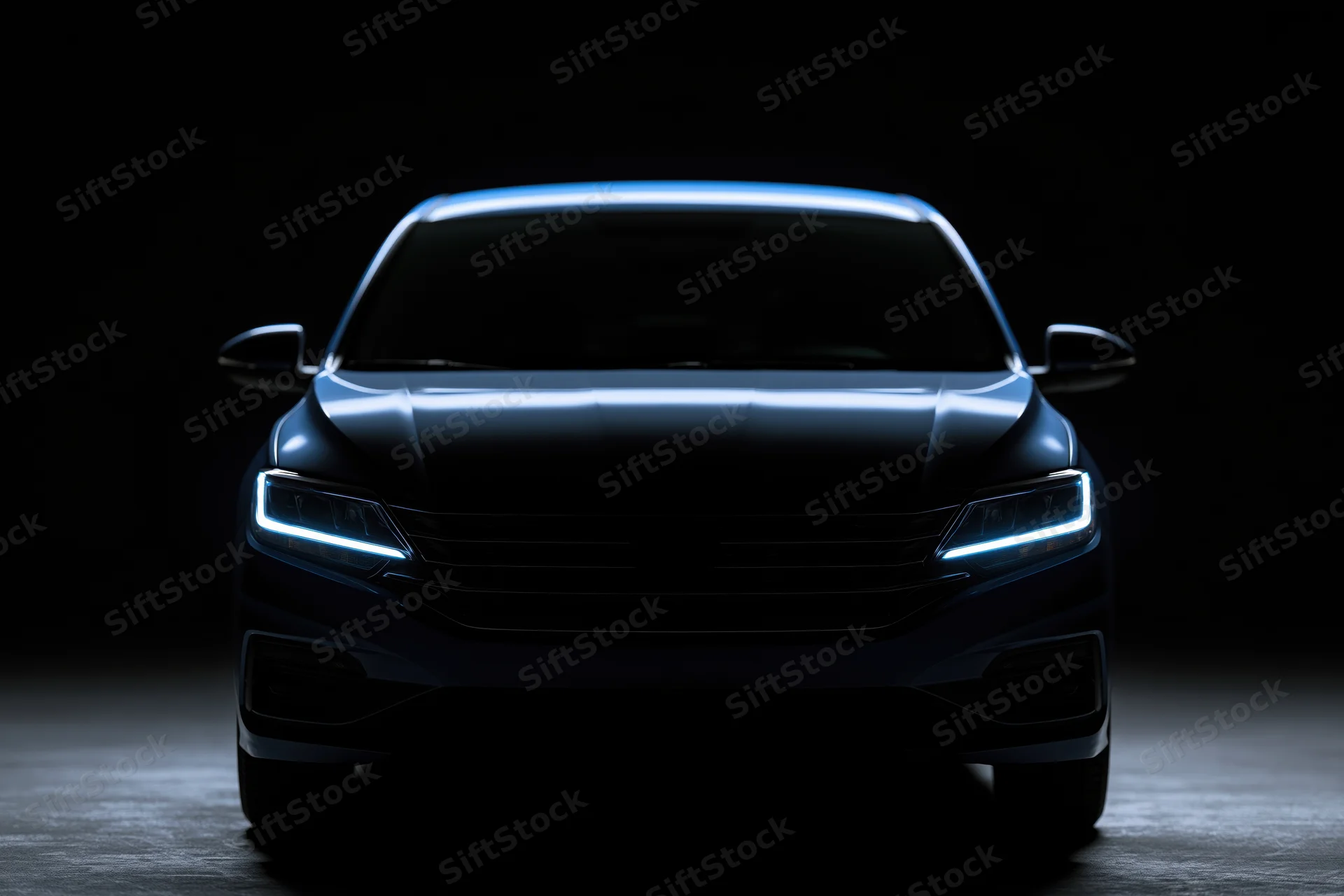 Dark sedan front view with glowing headlights in studio silhouette