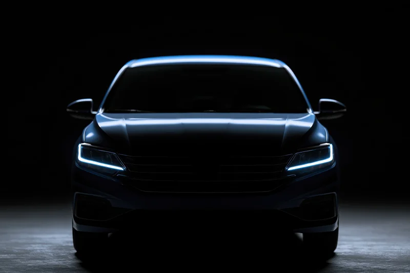 Dark sedan front view with glowing headlights in studio silhouette