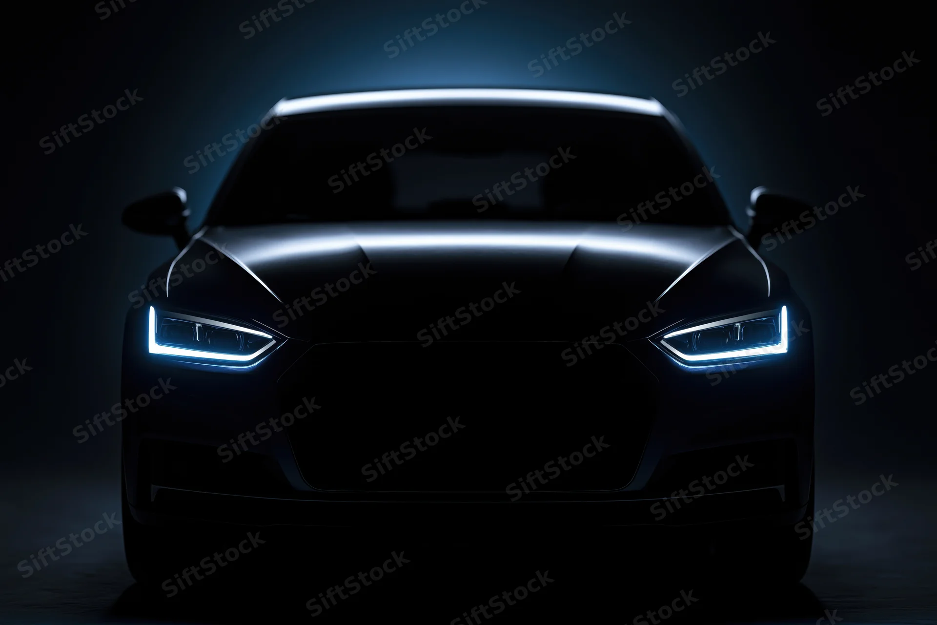 Dark sedan front view with glowing blue headlights in studio setting