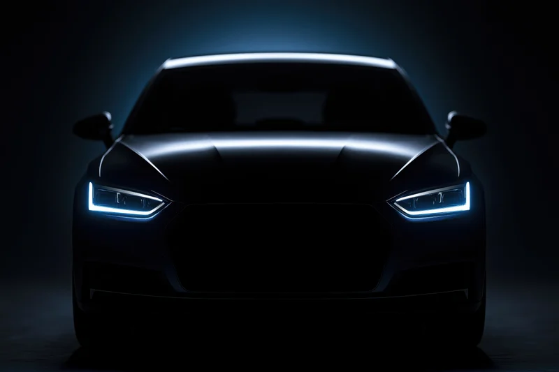 Dark sedan front view with glowing blue headlights in studio setting