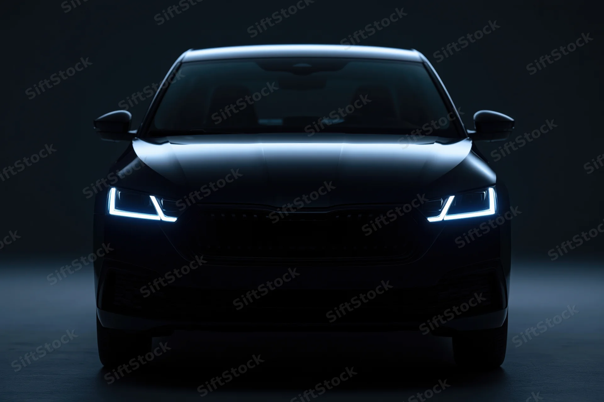 Dark sedan front view with illuminated headlights in studio setting