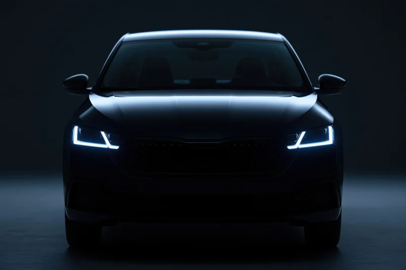 Dark sedan front view with illuminated headlights in studio setting