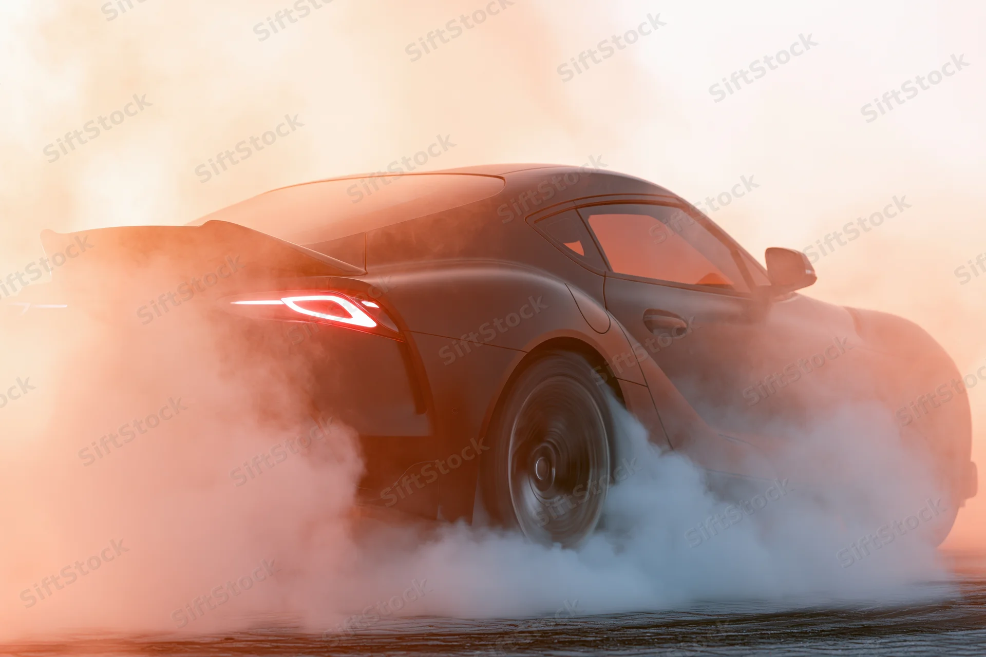 Dark sports car performing burnout on race track with smoke and glowing tail lights