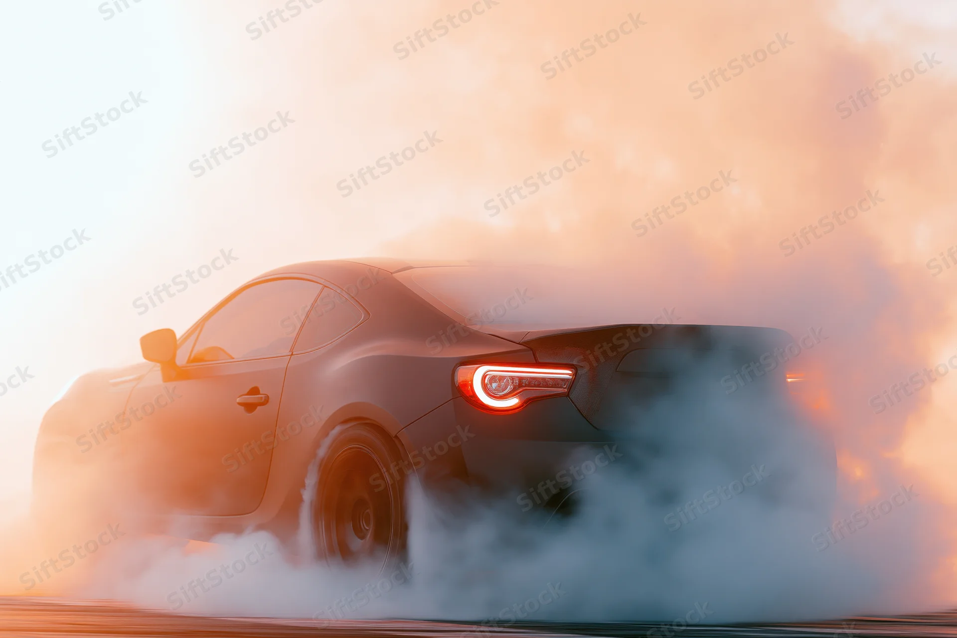 Dark sports car performing burnout on race track with smoke and glowing taillights