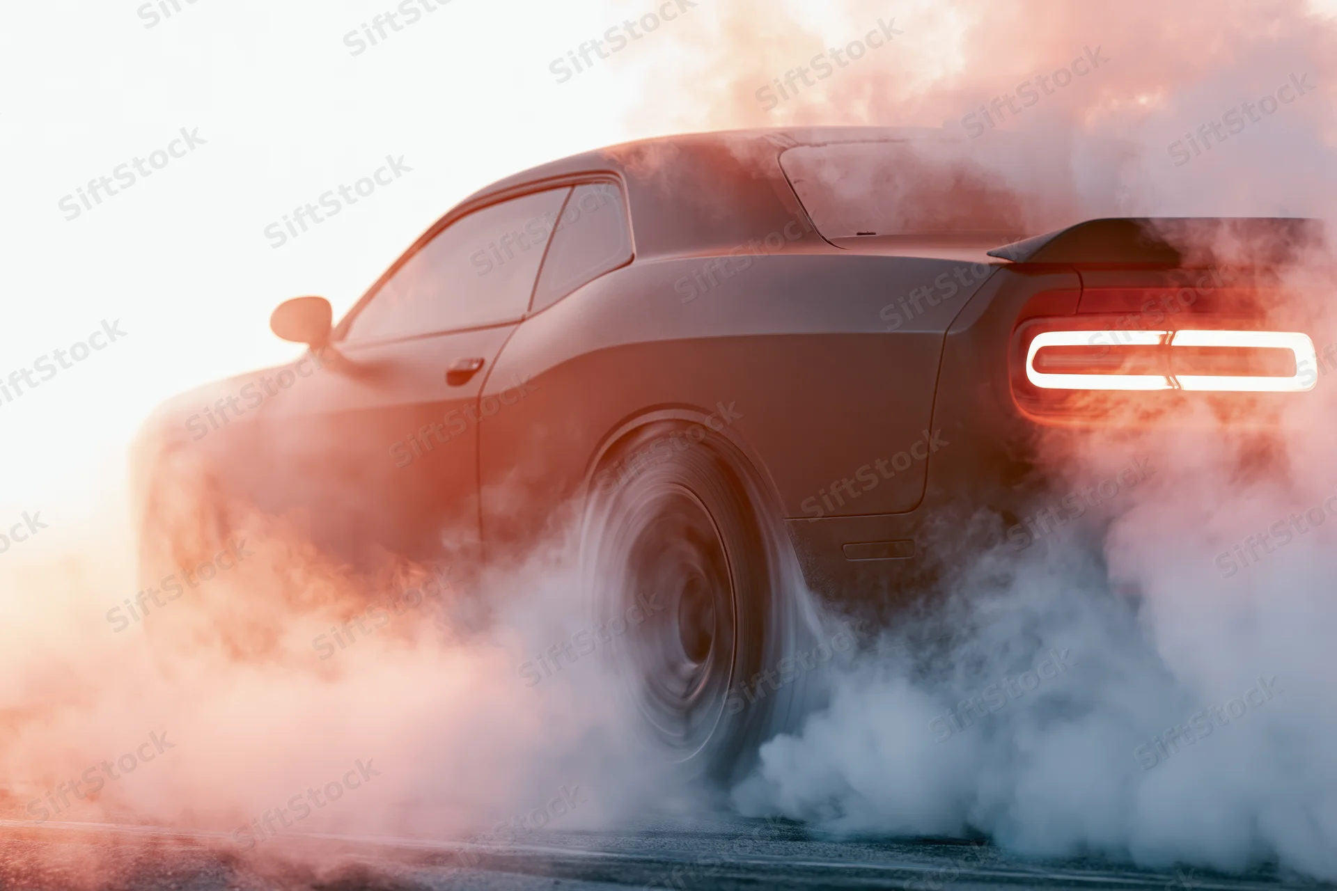 Dark sports car performing burnout on race track with smoke and motion blur