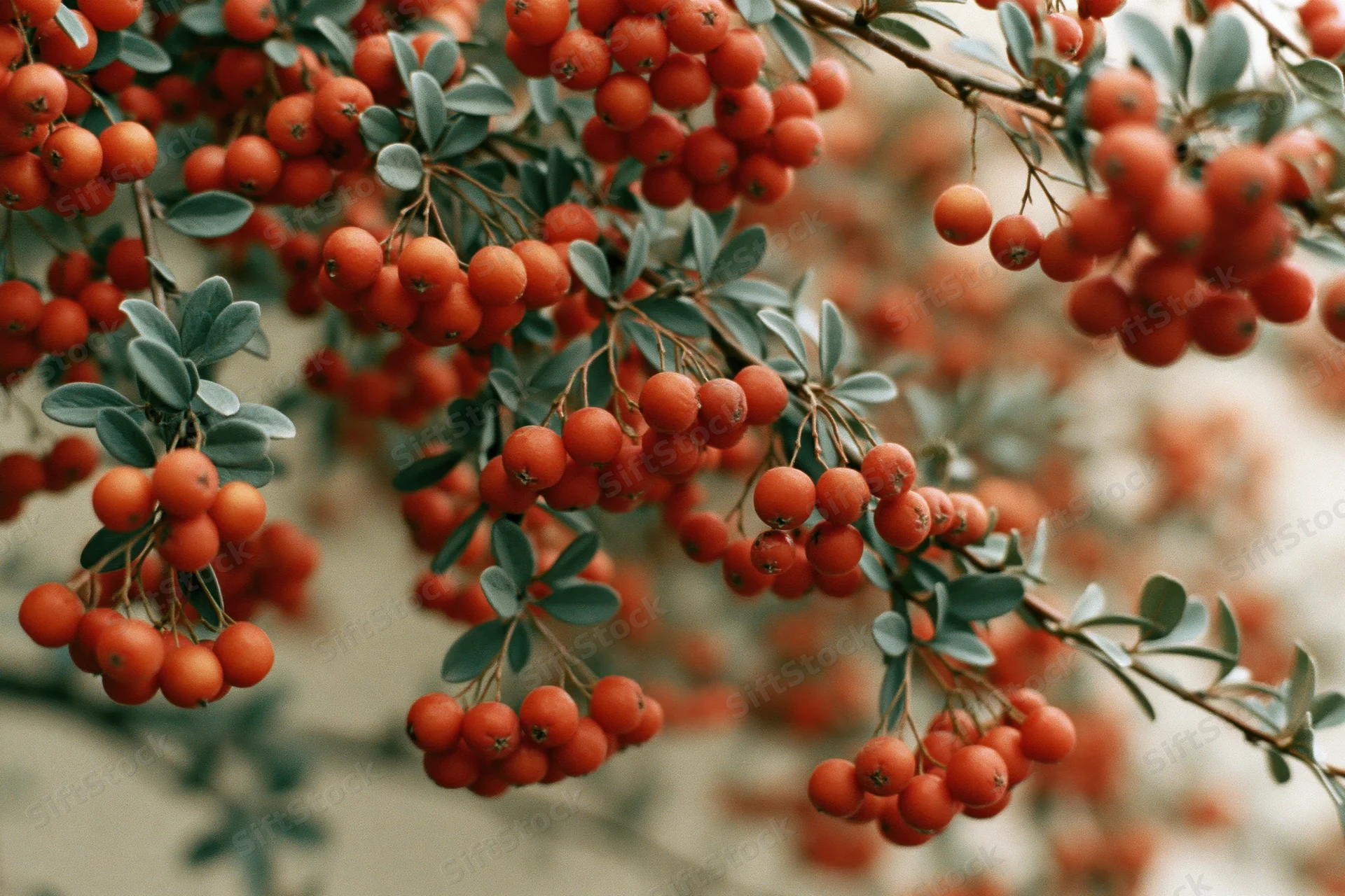 Clusters of red pyracantha berries hanging from branches with green leaves in a garden setting