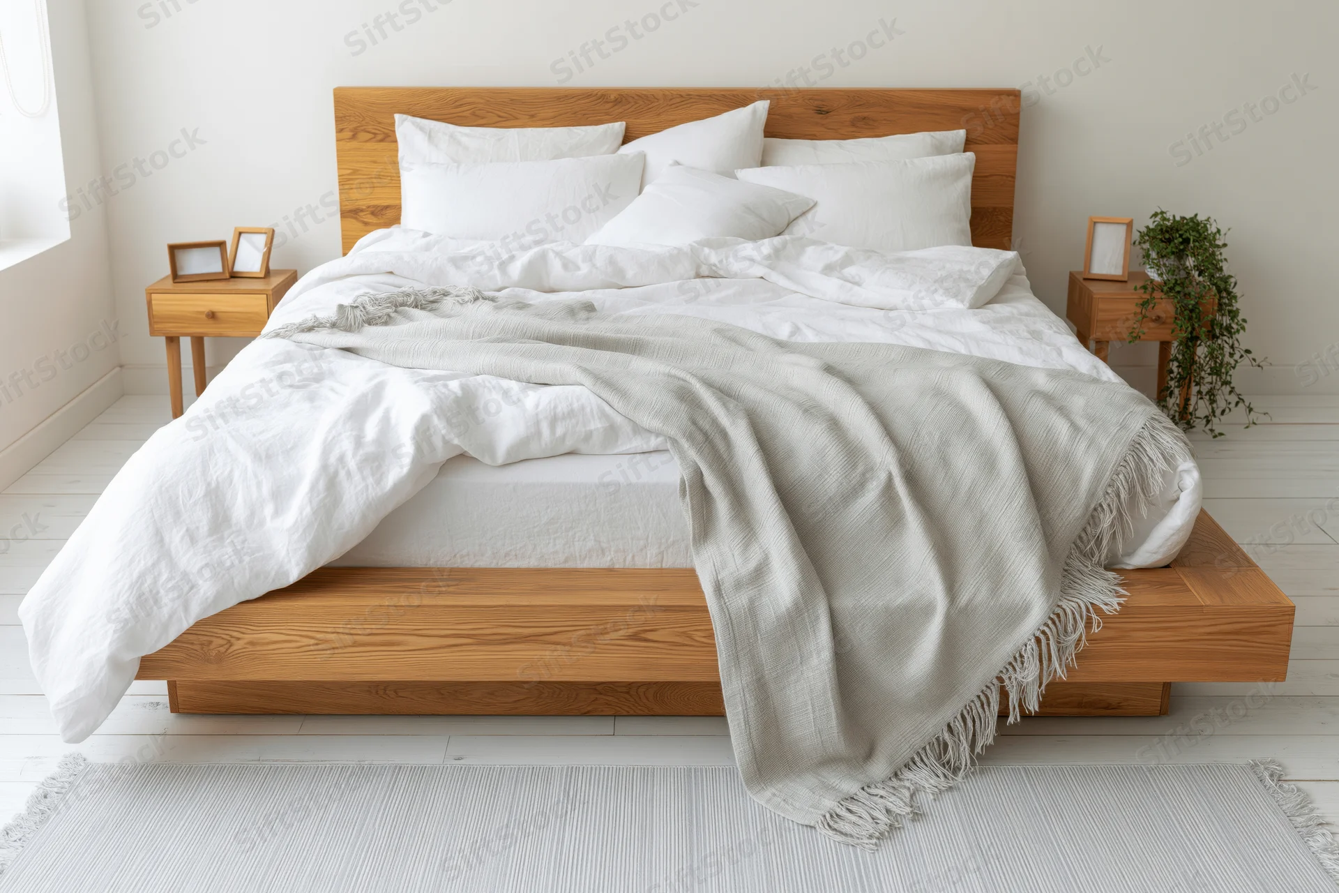 Wooden platform bed with white bedding and fringe blanket in minimalist bedroom