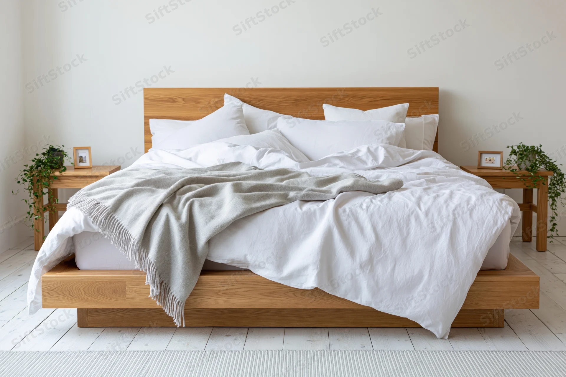 Wooden platform bed with rumpled white bedding and gray blanket in minimalist bedroom