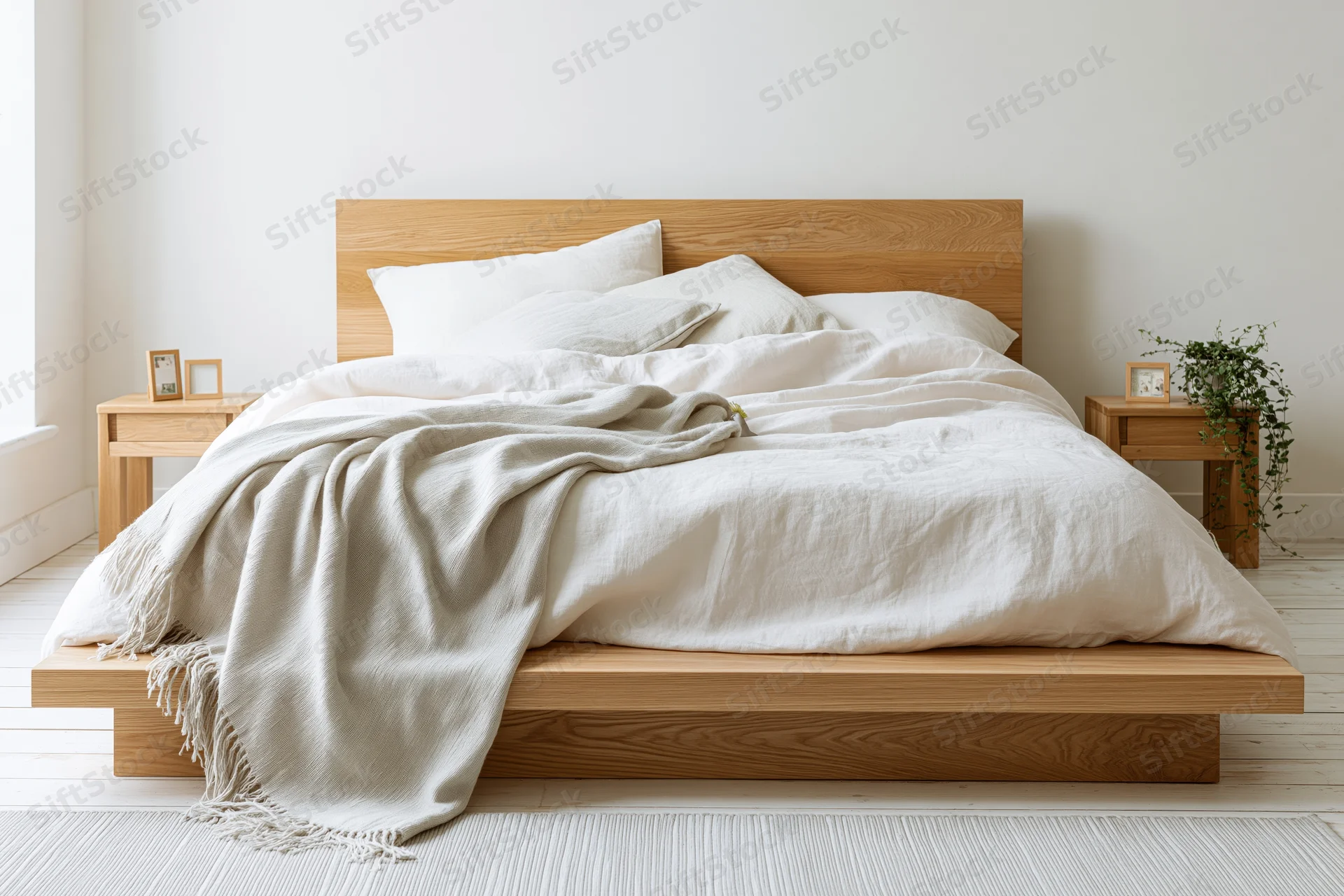 Wooden platform bed with white bedding and nightstands in a minimalist bedroom