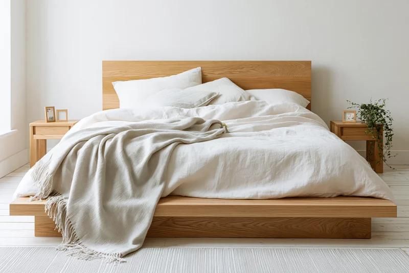 Wooden platform bed with white bedding and nightstands in a minimalist bedroom