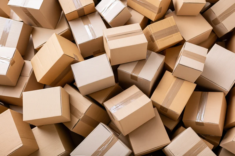 Cardboard boxes piled and scattered in a warehouse storage area