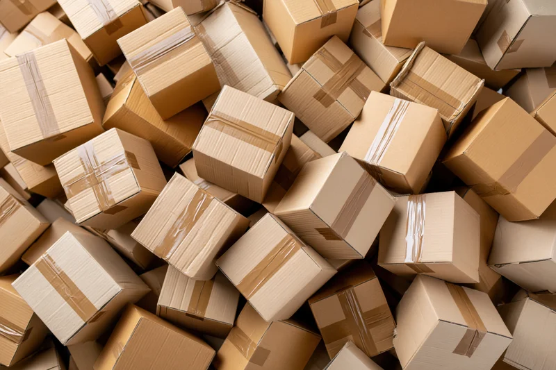 Cardboard boxes piled and scattered in a warehouse storage area