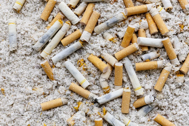 Discarded cigarette butts scattered and half-buried in sand